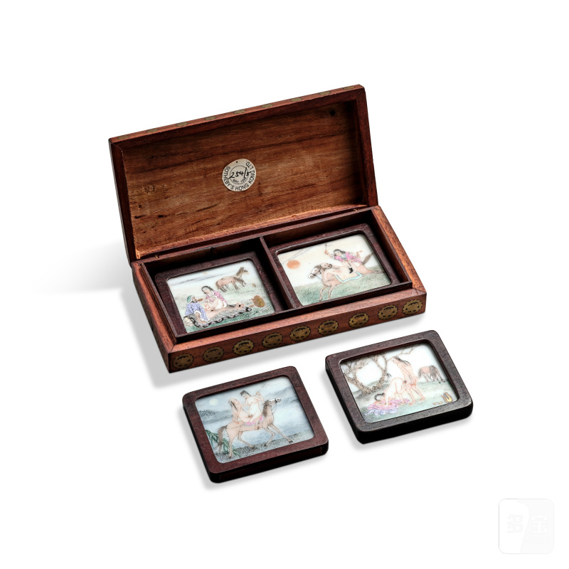 A set of four famille-rose double-sided erotic plaques, Qing dynasty, 19th century | 清十九世紀 粉彩春宮圖瓷片一套四幅
